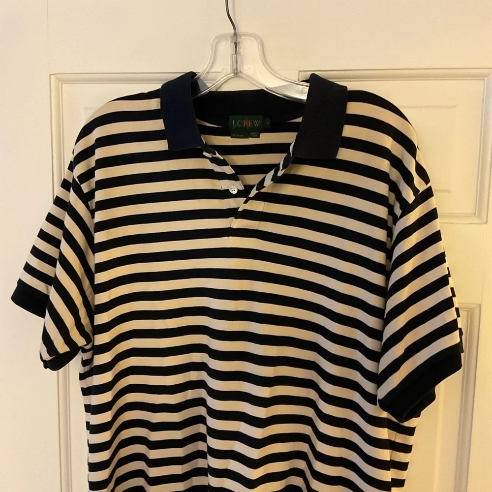 J.Crew Men’s Polo Shirt Navy Blue Cream Stripe Short Sleeve Size L Nautical Prep